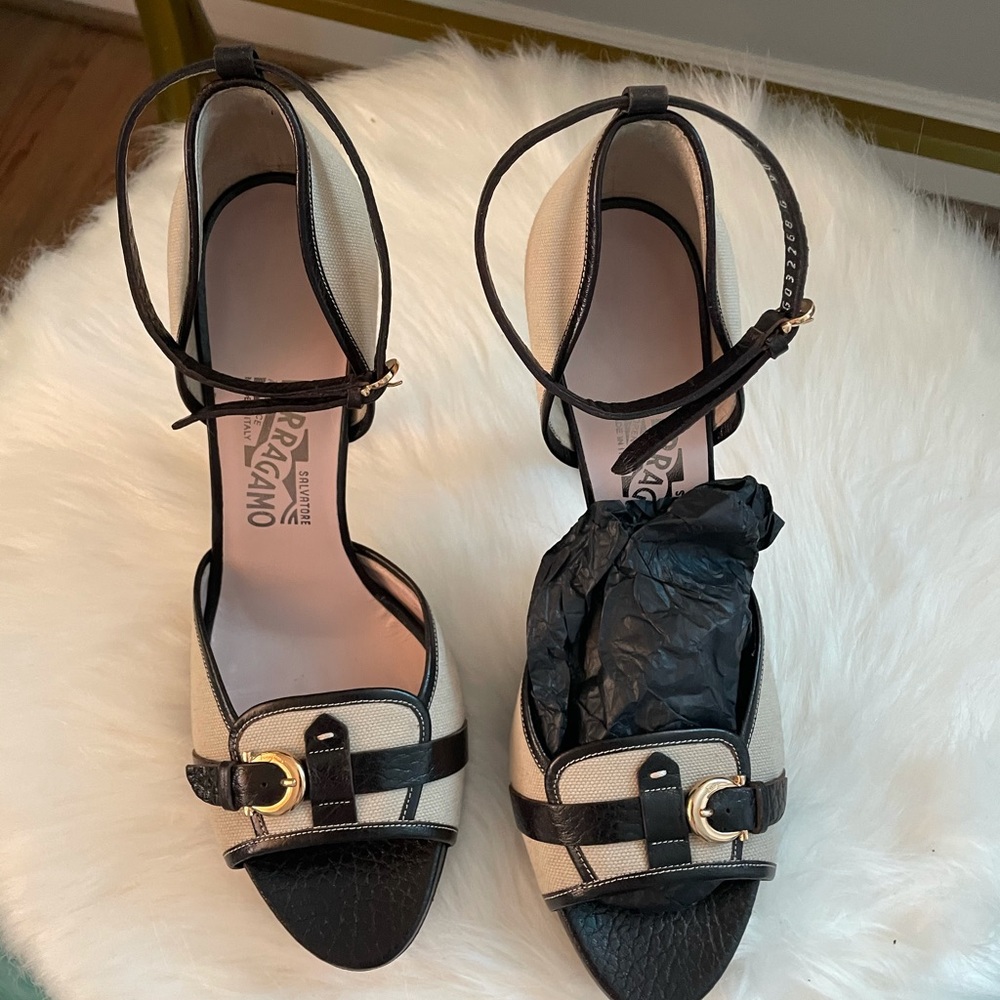 Black/beige Ferragamo Strap Heels.